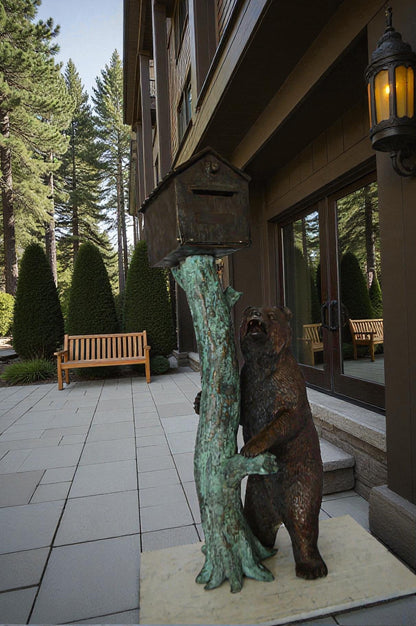 Bear beside a Tree with Mailbox Bronze Statue -  Size: 19"L x 20"W x 50"H