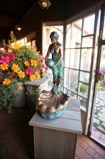Girl Holding a Pot on Shell Fountain Bronze Statue -  Size: 33"L x 30"W x 62"H.