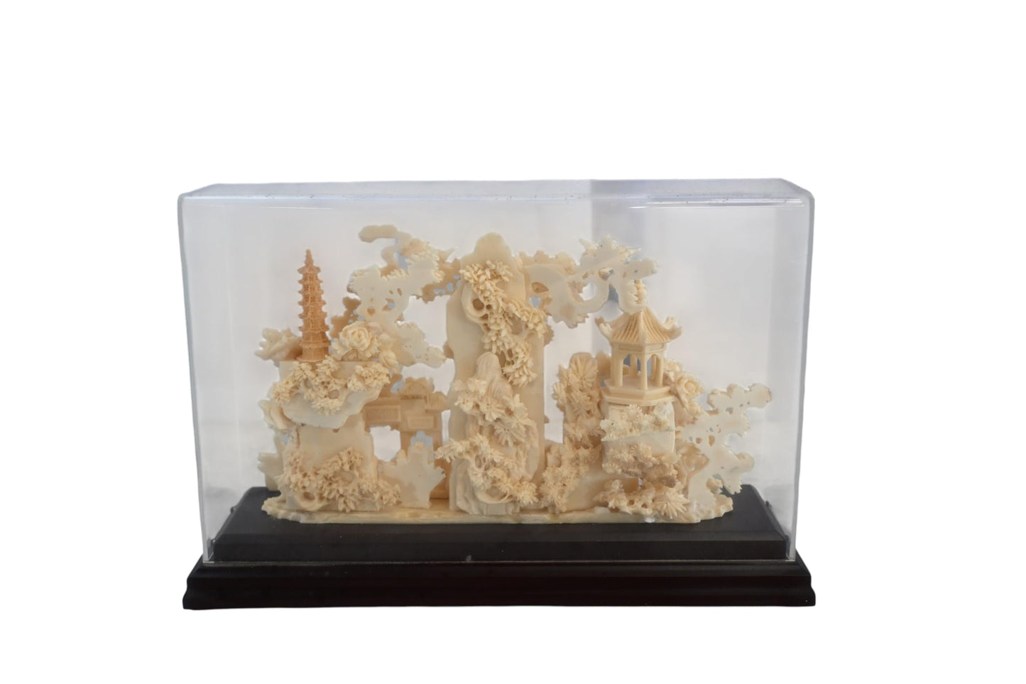 Carved Asian Landscape Diorama with Pagoda in Case 11"x4"x7"H