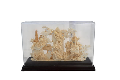 Carved Asian Landscape Diorama with Pagoda in Case 11"x4"x7"H
