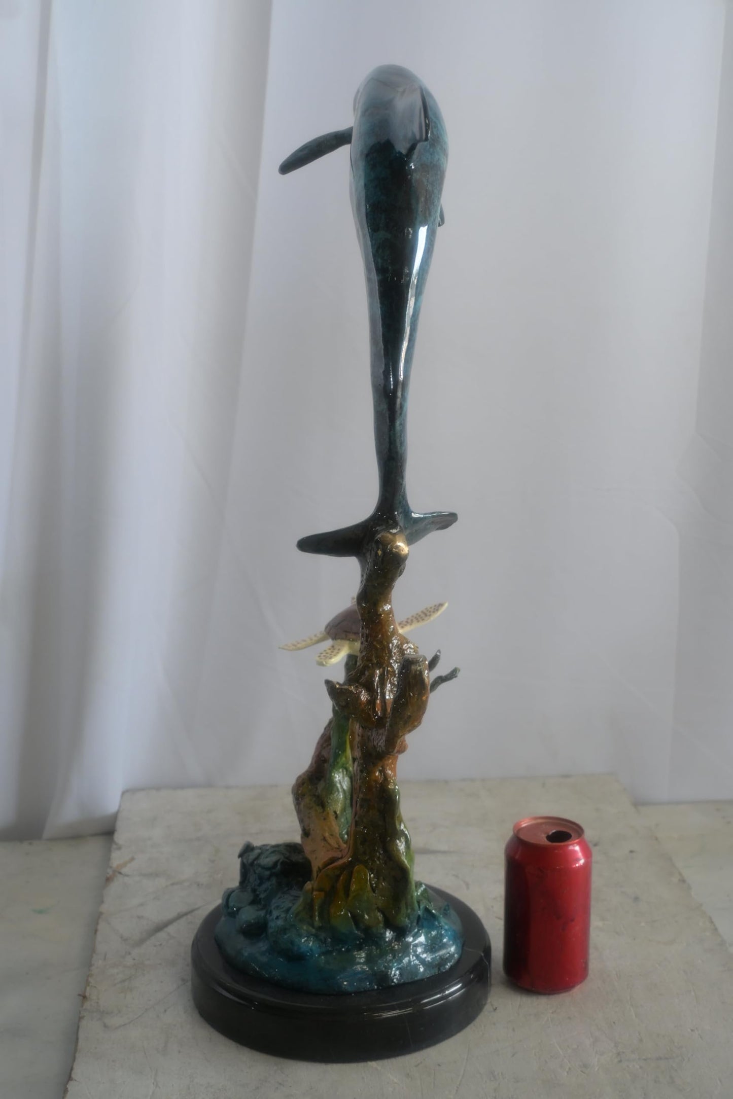 Bronze Leaping Dolphin and Sea Turtle Sculpture Marble Base 12"x9"x27"H