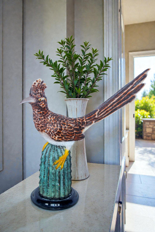 Vibrant Colored Roadrunner Bird Bronze Statue, Wildlife Decor 15" x 5" x 13"H