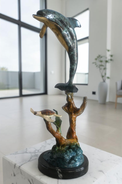 Bronze Leaping Dolphin and Sea Turtle Sculpture Marble Base 12"x9"x27"H
