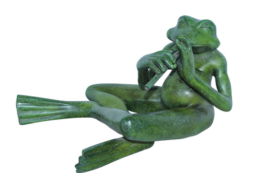 Musical Frog Playing Flute Bronze Statue with Green Patina 20" x 18" x 12"H