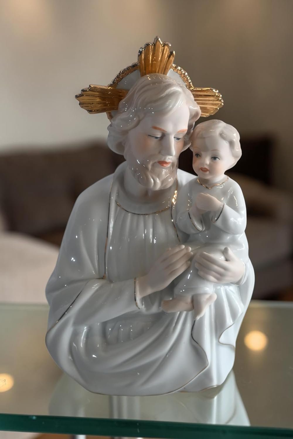 Porcelain Saint Joseph and Christ Child Gold Halo Statue 6"x4"x9"H