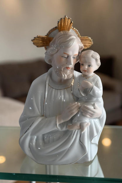 Porcelain Saint Joseph and Christ Child Gold Halo Statue 6"x4"x9"H