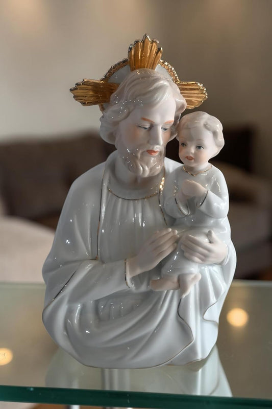 Porcelain Saint Joseph and Christ Child Gold Halo Statue 6"x4"x9"H