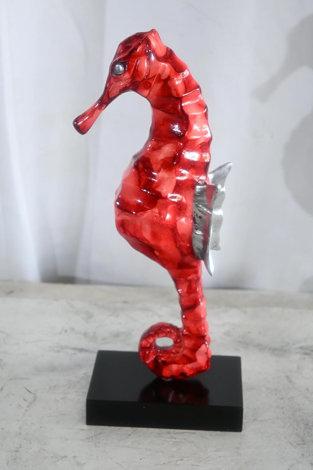 Red Seahorse Figurine on Base Painted Aluminum Sculpture 6"x4"x15"H