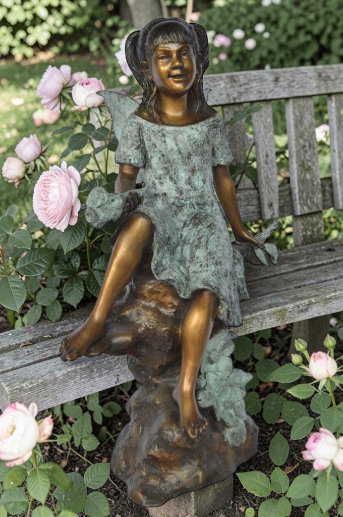 Angel girl sitting with a rose bronze statue -  Size: 22"L x 27"W x 37"H.