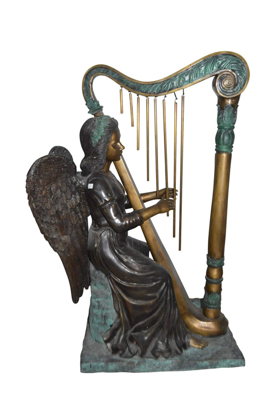 Angel playing a harp bronze statue -  Size: 30"L x 15"W x 44"H.