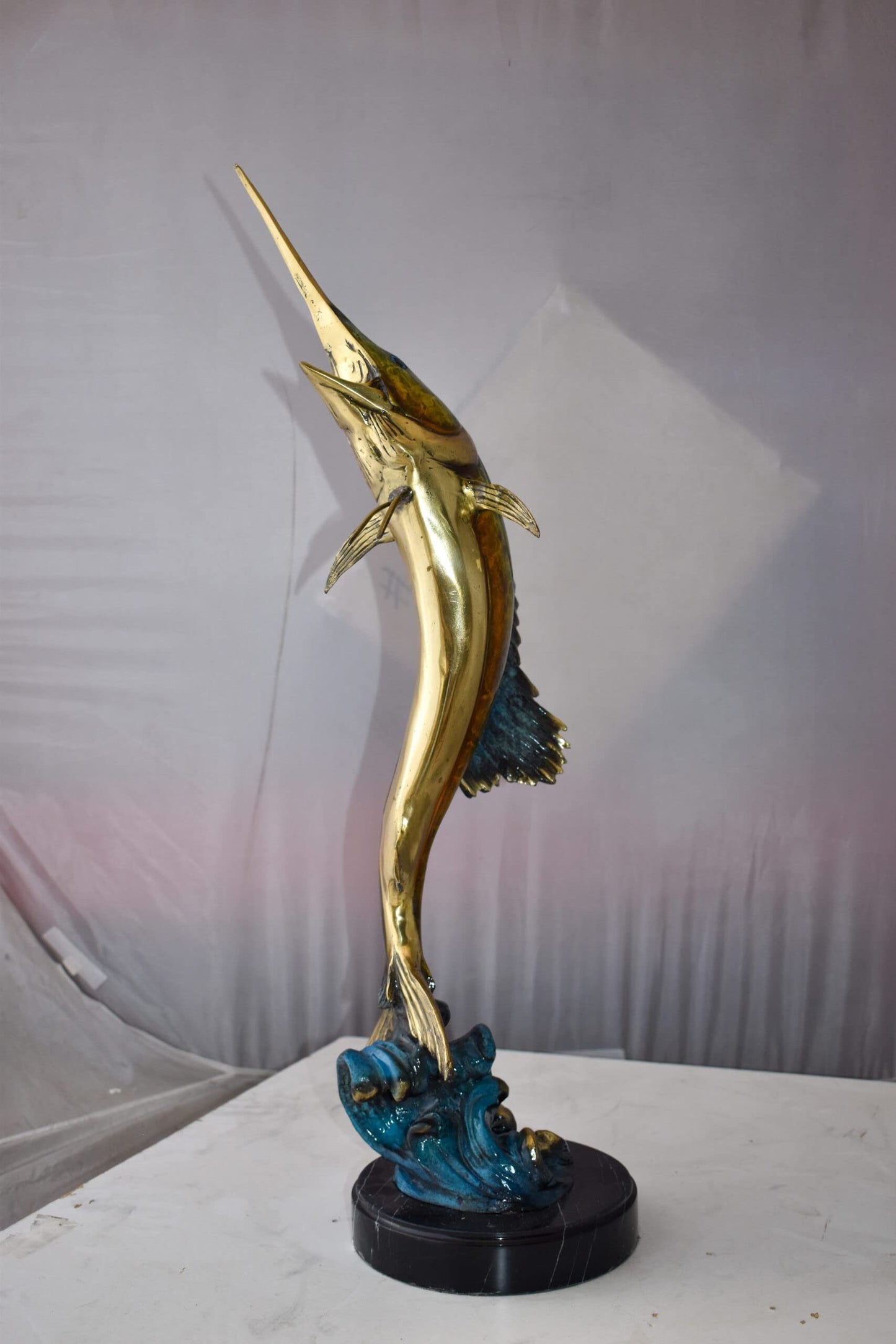 Upright Fierce Marlin Jumping Off the Water Bronze Statue  Size: 12" x 8" x 30"H
