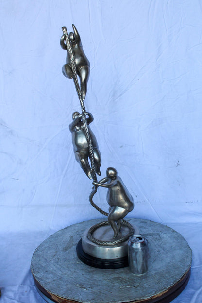 Three Voluptuous Women Climbing a Rope Statue, Silver Finish 12" x 12" x 32"H