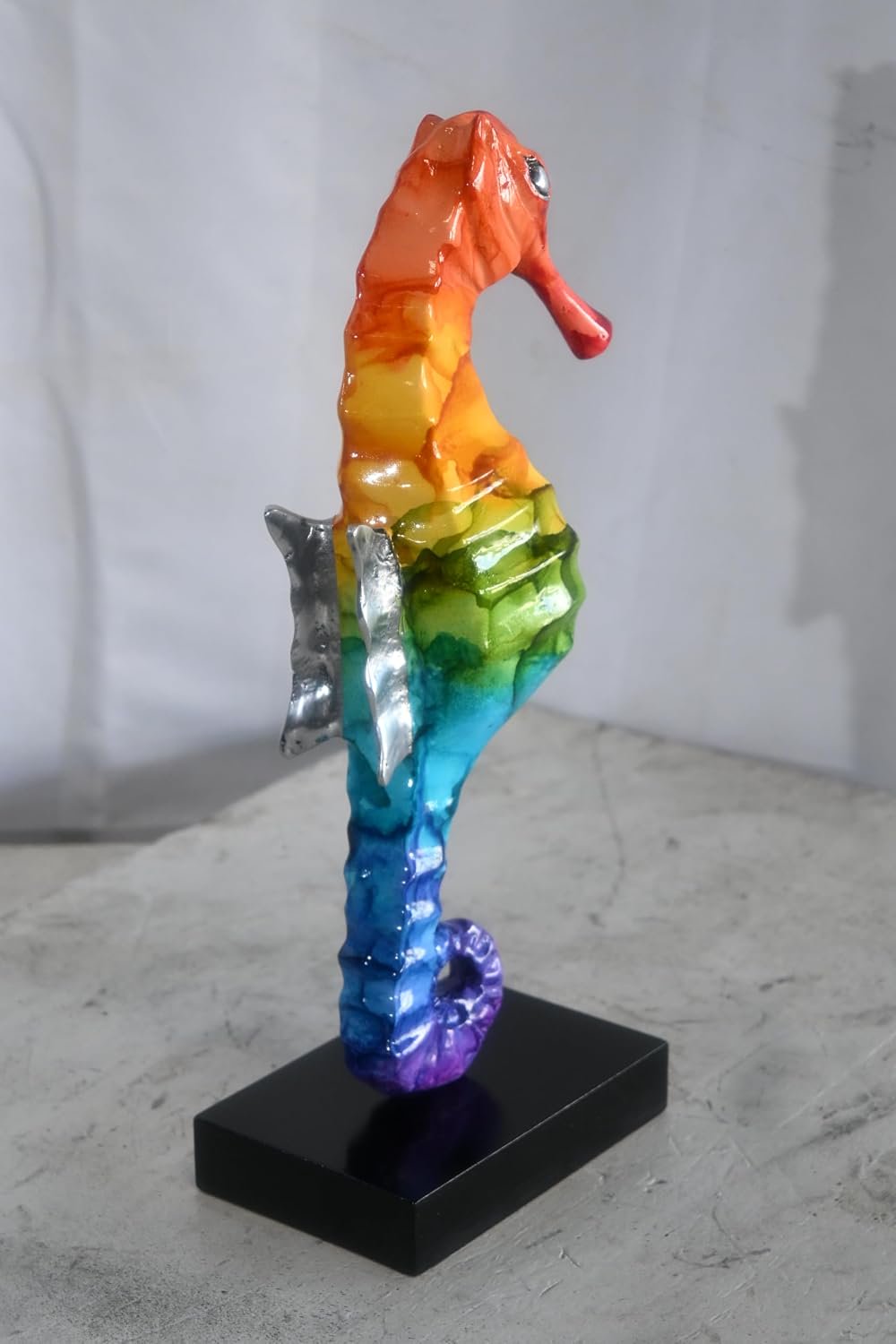 Rainbow Seahorse Figurine on Base Painted Aluminum Decor 6"x4"x15"H