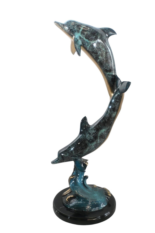 Two Dolphins Bronze Sculpture Leaping Wave Statue 10"x9"x24"H