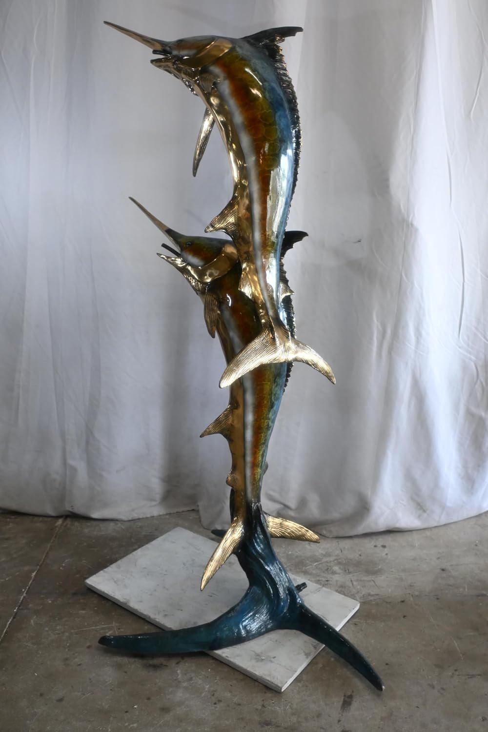 Double Marlin Bronze Garden Fountain Leaping Ocean Waves 42"x31"x74"H