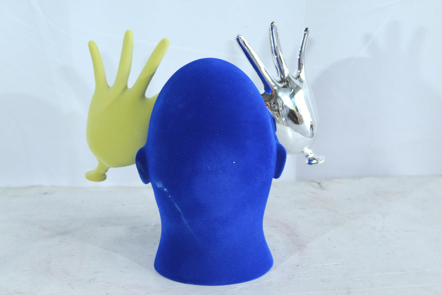 NIFAO Resin Blue Velvet Head Statue with Yellow and Silver Hand Design 12" x 8" x 12"H