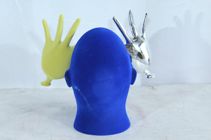NIFAO Resin Blue Velvet Head Statue with Yellow and Silver Hand Design 12" x 8" x 12"H
