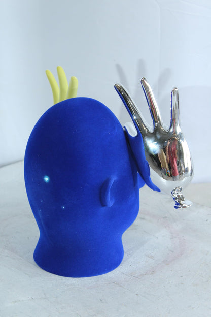 NIFAO Resin Blue Velvet Head Statue with Yellow and Silver Hand Design 12" x 8" x 12"H