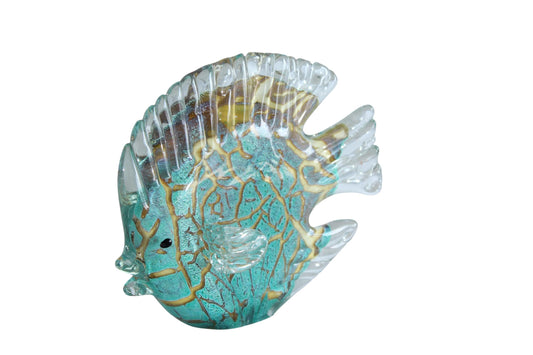 NIFAO Glass Reef Fish Figurine Teal Crackle Art Glass 8" x 3" x 6"H