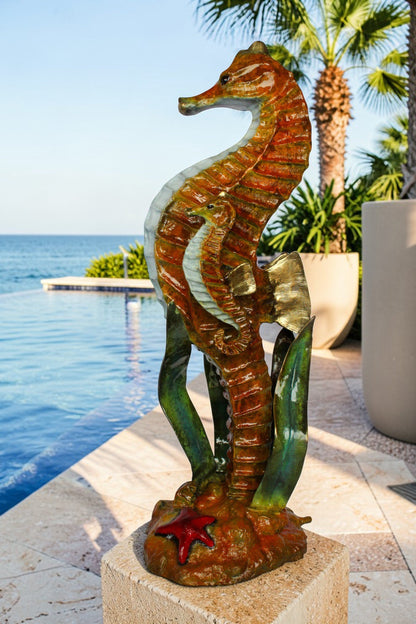 Nifao Bronze Seahorse with Baby Sculpture – Handcrafted Lost Wax Cast Ocean Life Statue with Seagrass & Starfish Details – Rich Patina & Polished Accents Coastal Marine Decor -16" x 14" x 43"H