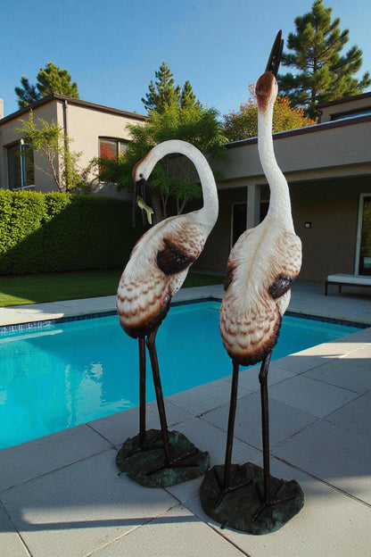 Pair Large Bronze Crane Fountains Garden Water Feature 23"x17"x56"H