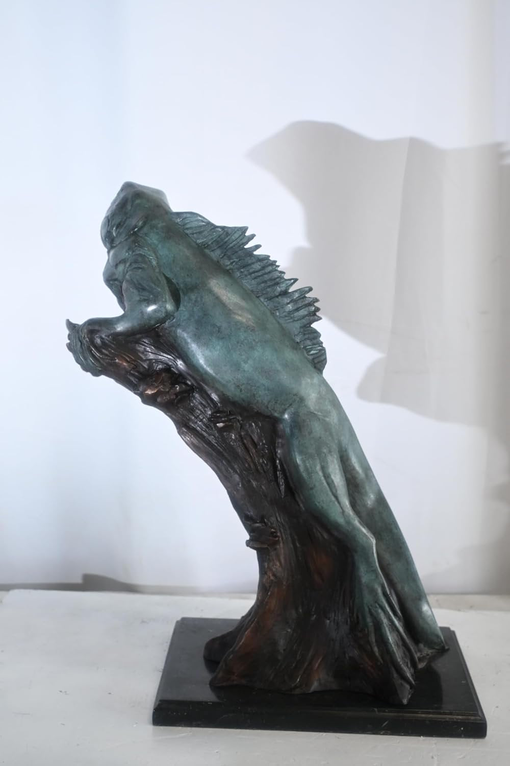 Bronze Iguana Sculpture on Branch with Marble Base 20"x7"x22"H