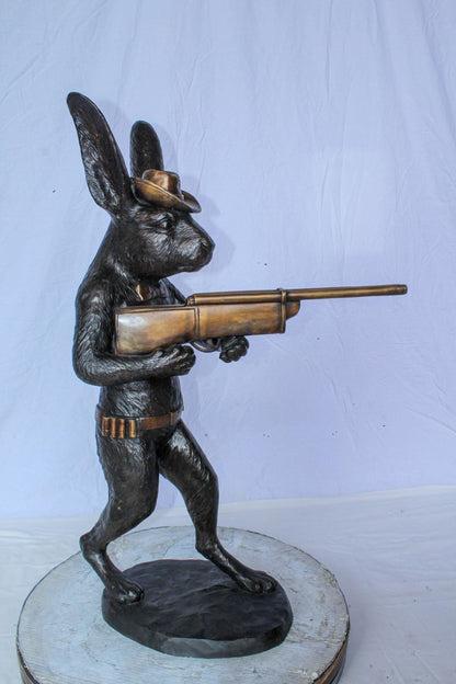 Bronze Statue of Cowboy Rabbit Holding Rifle 22" x 13" x 35"H