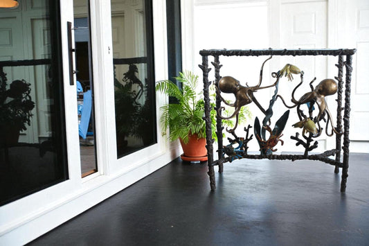 NIFAO Aluminum Octopus Console Table with Glass Top Coastal Art 34" x 15" x 33"H