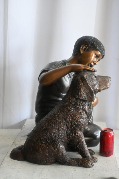 Bronze Boy with Dog Statue Child Petting Puppy Sculpture 21"x18"x23"H