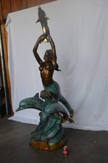 Mermaid and Three dolphins fountain bronze statue - Size: 34"L x 41"W x 83"H.