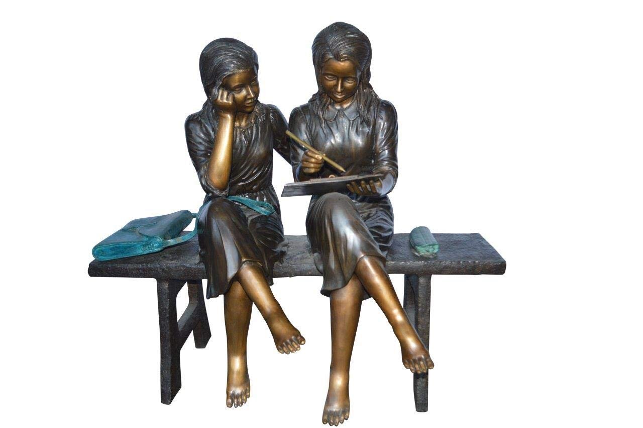 Two Schoolgirls Sitting On a Bench Bronze Statue -  Size: 45"L x 24"W x 41"H.