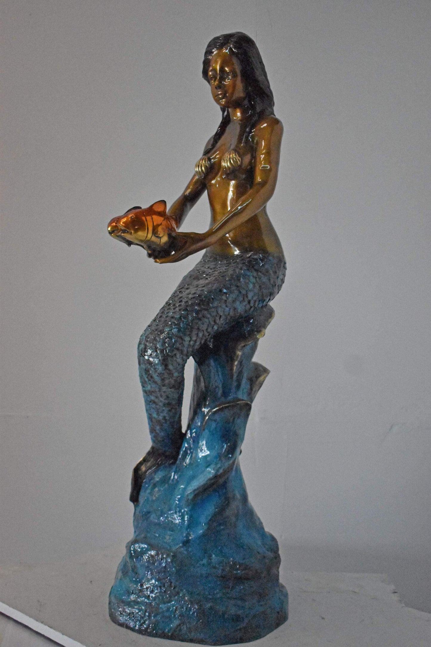Mermaid Holding Two Fish Bronze Statue Color Finish - Size: 14" x 14" x 43"H.