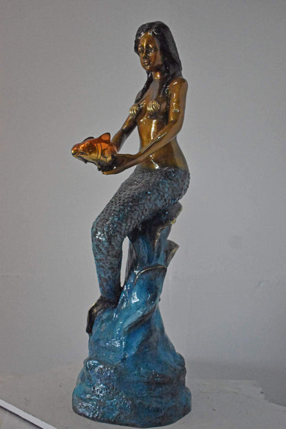 Mermaid Holding Two Fish Bronze Statue Color Finish - Size: 14" x 14" x 43"H.