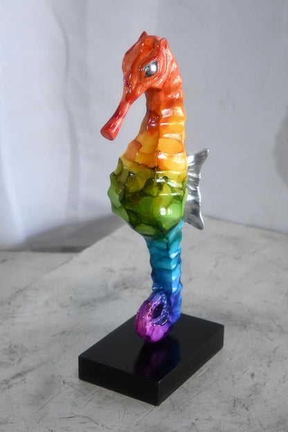 Rainbow Seahorse Figurine on Base Painted Aluminum Decor 6"x4"x15"H