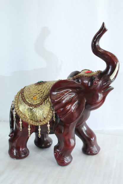 Nifao Resin Elephant Statue with Gold Saddle and Raised Trunk - Regal Lucky Elephant Home Decor - 19" x 10" x 22"H