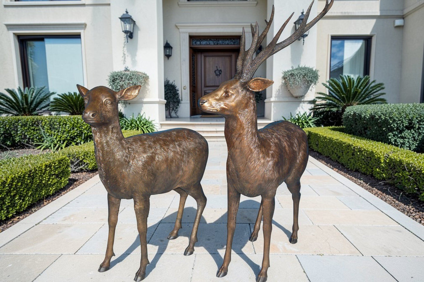 Pair of standing Deers bronze statues -  Size: 48"L x 45"W x 65"H.