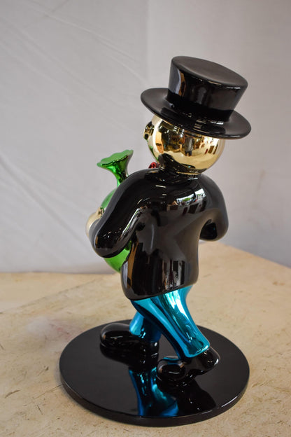 Walking Monopoly Man with Money Bag on Black Base Resin Statue 10" x 10" x 16"H