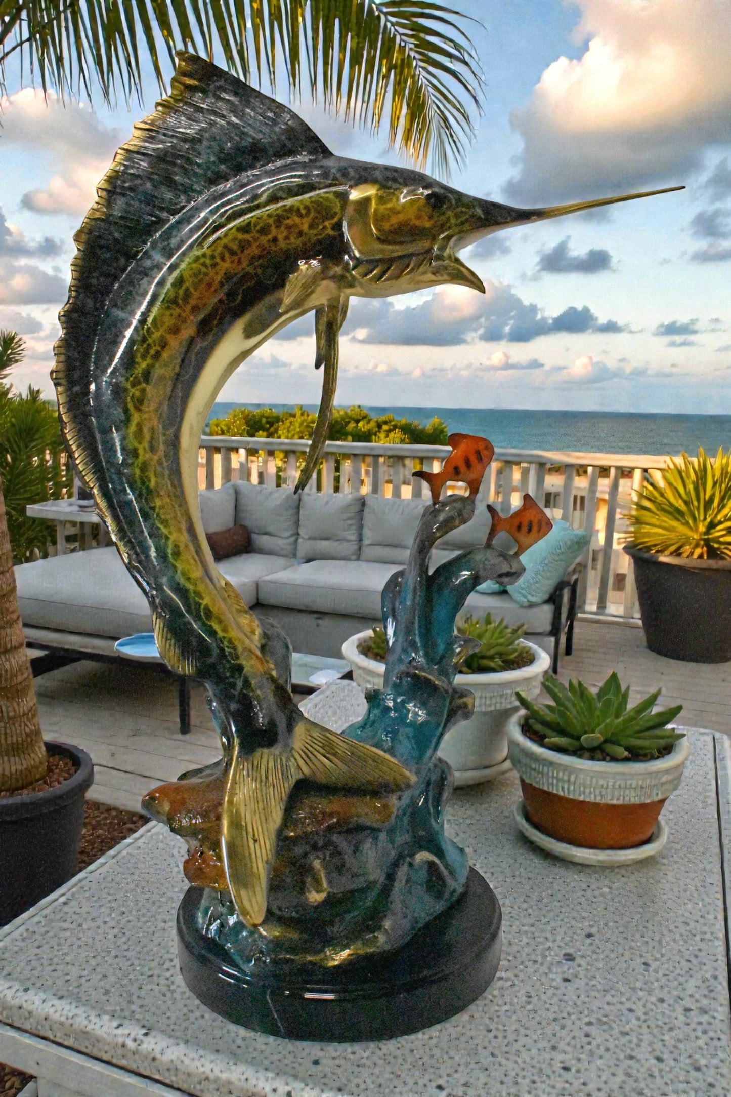 Swordfish with Two Small fish Bronze Statue on Marble - Size: 21"L x 13"W x 28"H