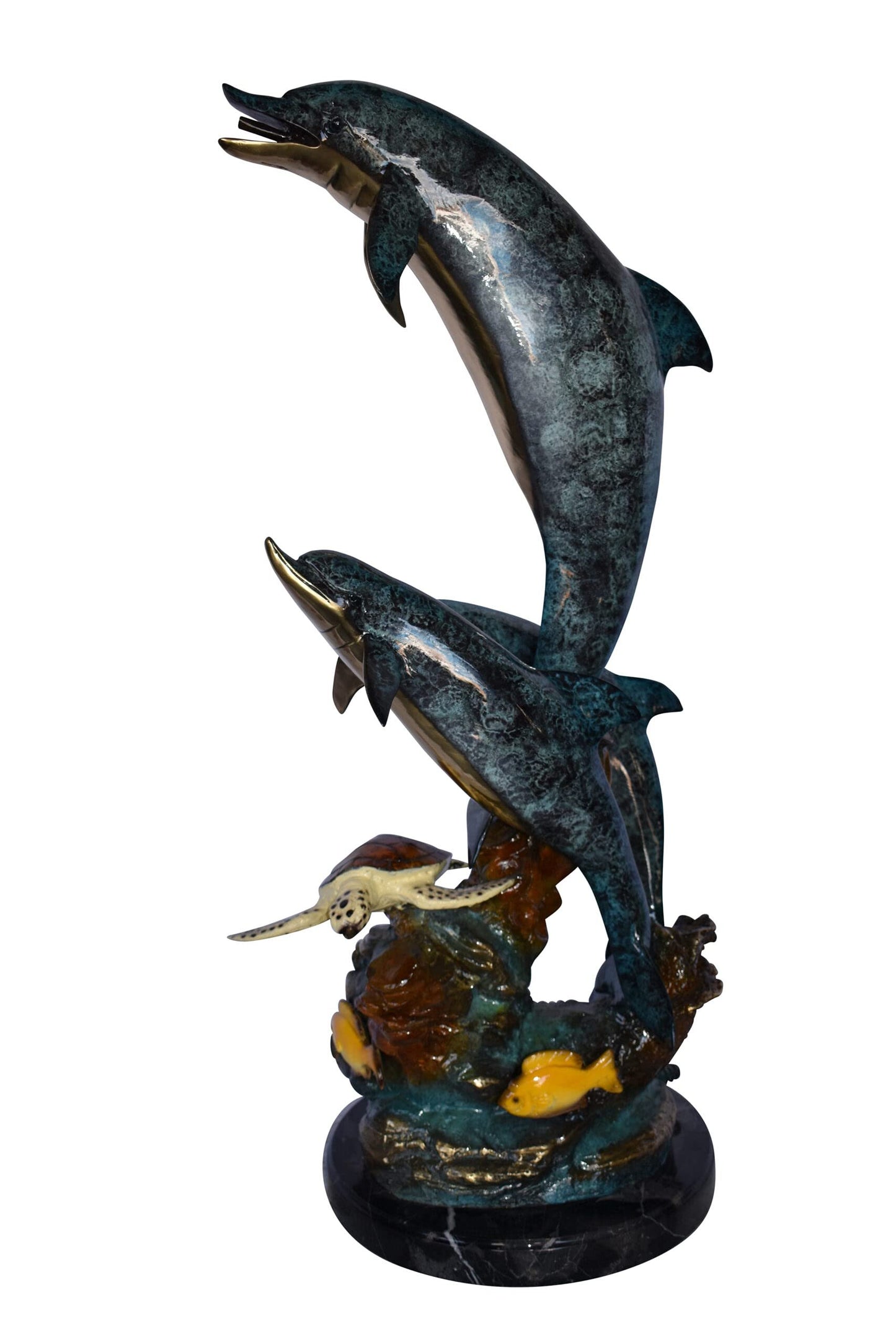 Three Dolphins Swim Next to A Sea Turtle Fountain Bronze Statue 17"x 15" x 38"H