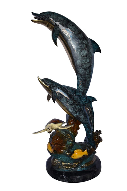 Three Dolphins Swim Next to A Sea Turtle Fountain Bronze Statue 17"x 15" x 38"H