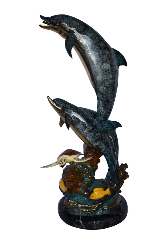 Three Dolphins Swim Next to A Sea Turtle Fountain Bronze Statue 17"x 15" x 38"H