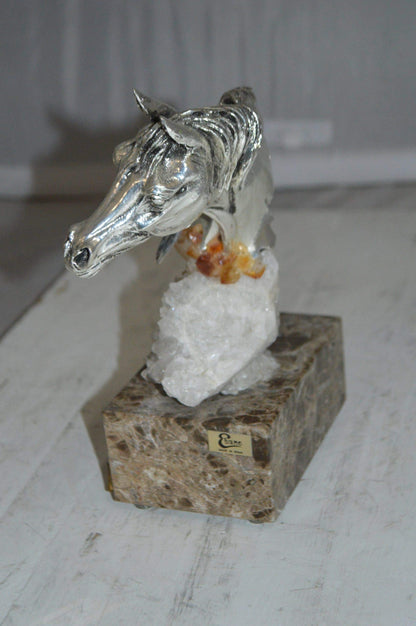 Horse on Crystal Stone mounted on Marble by Vidal -  Size: 4"L x 9"W x 10"H.
