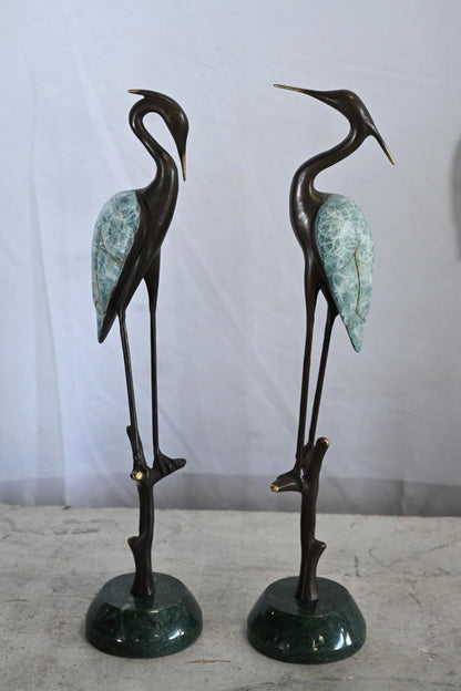 NIFAO Bronze Heron Pair Statue Set Marble Base Bird Sculpture 8"x4"x17"H