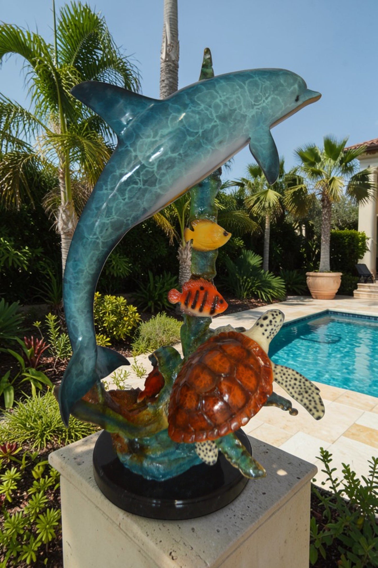 Dolphin , Turtle And Fish Bronze Statue -  Size: 18"L x 16"W x 25"H.