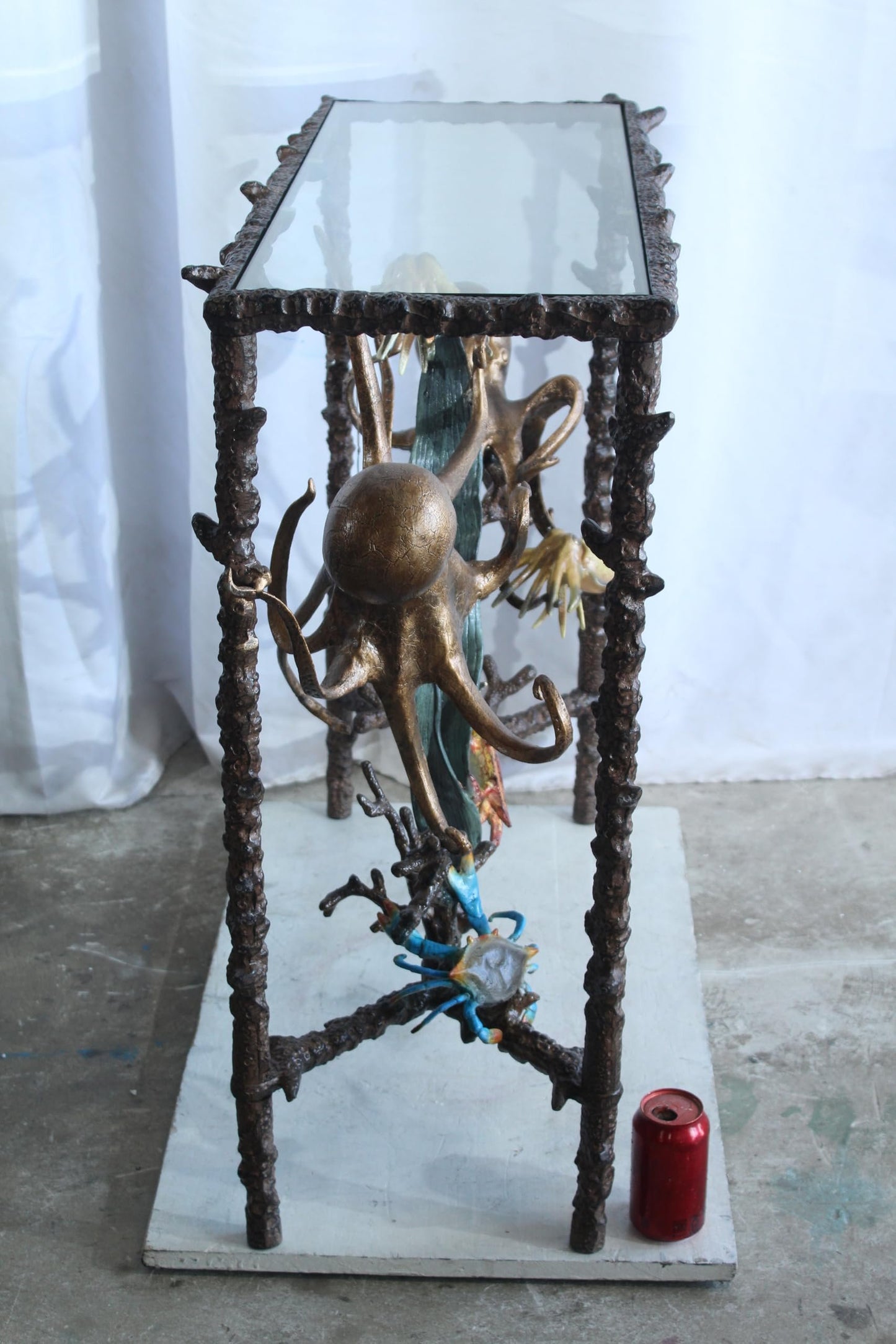 NIFAO Aluminum Octopus Console Table with Glass Top Coastal Art 34" x 15" x 33"H