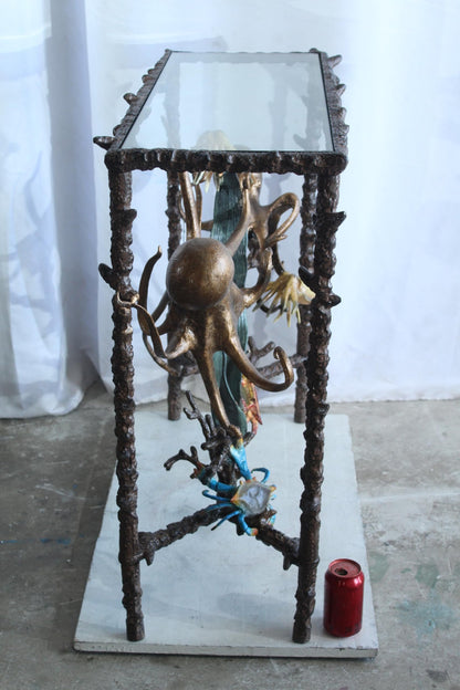 NIFAO Aluminum Octopus Console Table with Glass Top Coastal Art 34" x 15" x 33"H