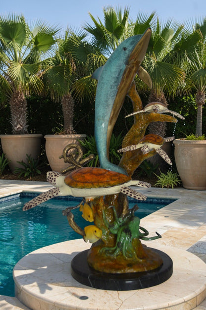 Dolphin medium with Turtles Fountain Bronze Statue -  Size: 24"L x 34"W x 36"H.