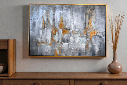 Velvet Dream Abstract Canvas Painting Gray Gold Framed Art 41"x61"