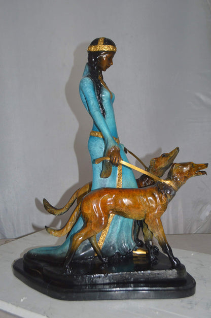 Lady with Her Two Dogs Bronze Statue -  Size: 18"L x 12"W x 23"H.