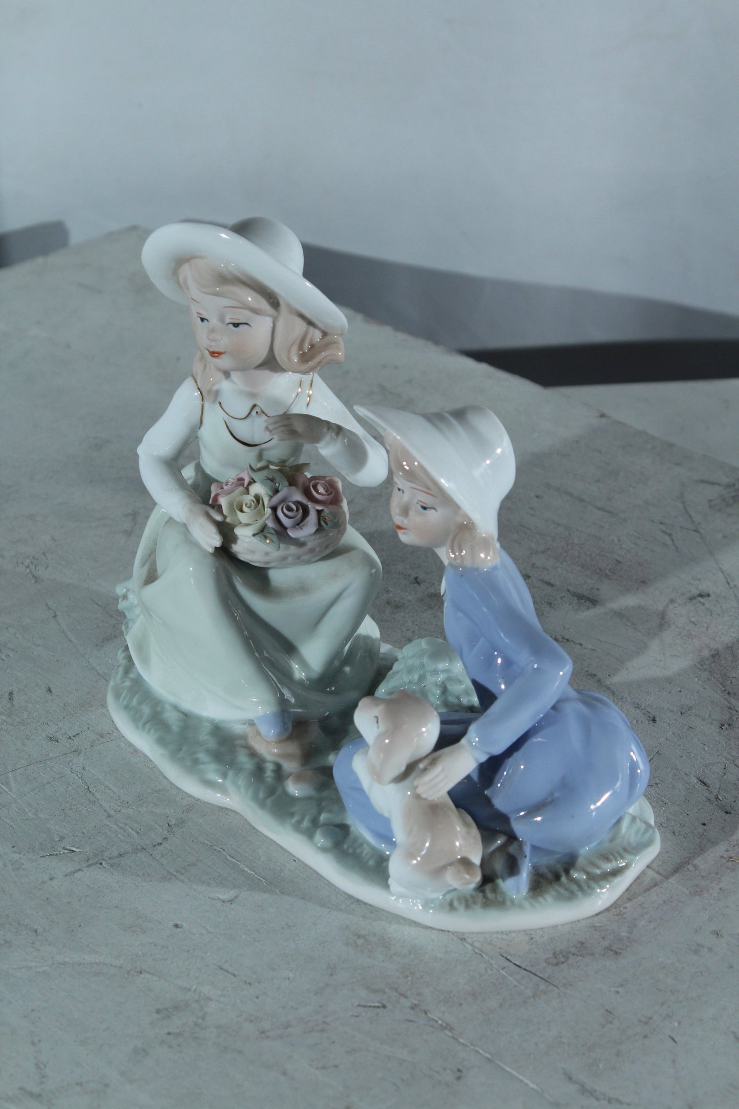 NIFAO Porcelain Figurine Two Girls with Puppy and Flowers 9"x4"x8"H